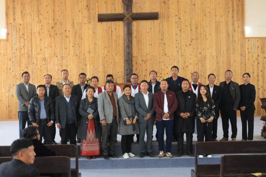 Intending candidates of 52 Longkhim-Chare Assembly Constituency with USBLA leaders and others during the prayer programme on February 15.